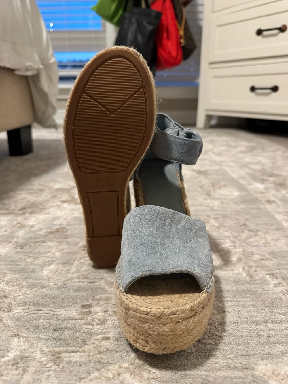 Marc Fisher Powder Blue Suede Espadrille Wedge Sandals with Ankle Buckle